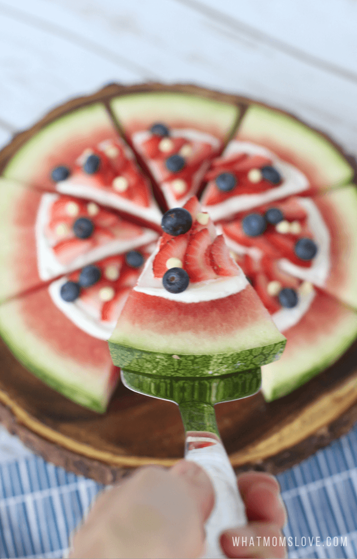 4th of July Dessert Recipe. Red, White and Blue Patriotic Watermelon Pizza. 