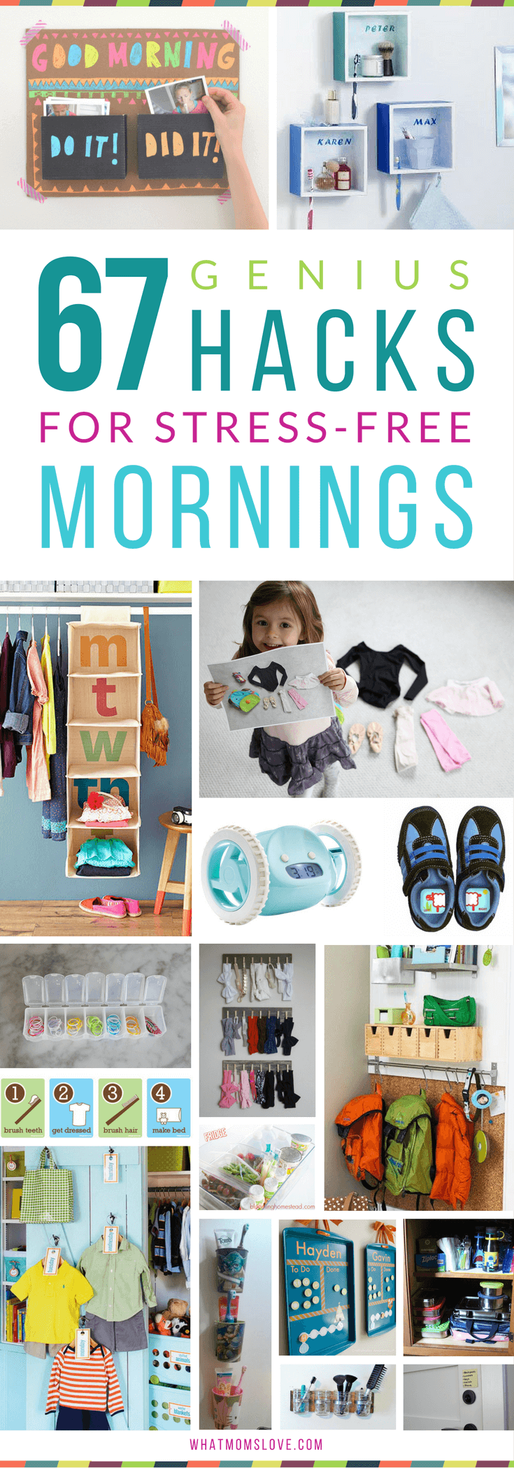 Hacks, Tips and Tricks for Stress-Free Mornings with Kids | Organization ideas for back-to-school. including morning routine checklists, clothes organization, command centers and backpack nooks, bathroom hacks, and more! Get all the inspiration at whatmomslove.com
