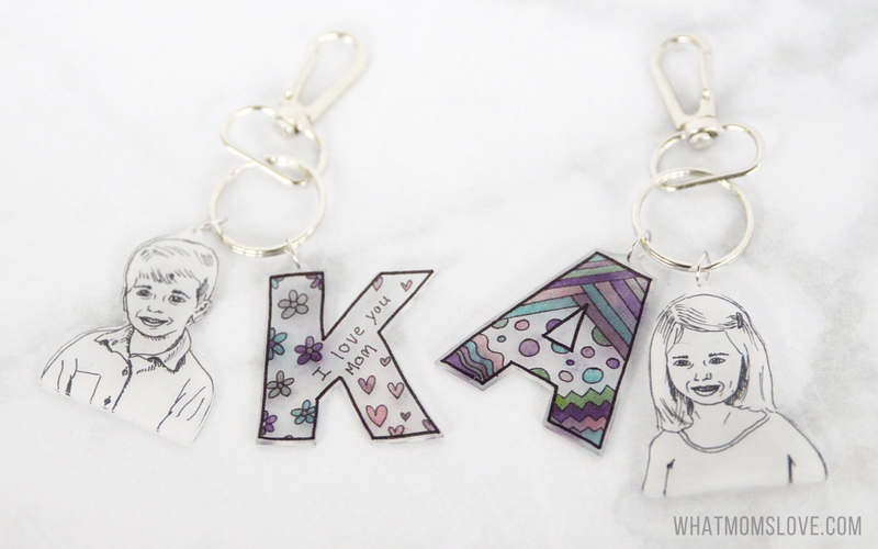 This easy to make Mother's Day craft for kids is the perfect homemade keepsake to give to mom or grandma. Use Shrinky Dinks to create a DIY initial and headshot keychain - they're simple to make but totally unique. Anyone can make them, from toddlers to teens. Makes a great last minute gift from the kids or grandkids for Mother's Day, Father's Day, Grandparents Day, birthdays or Christmas!