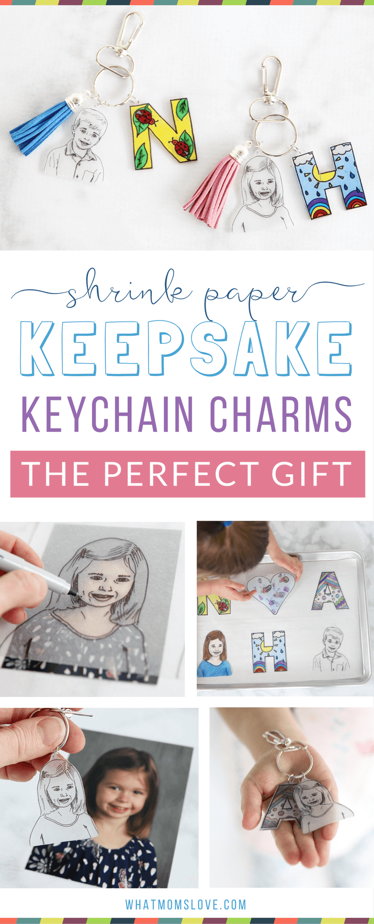 This easy to make Mother's or Father's Day craft for kids is the perfect homemade keepsake to give to mom, dad, grandma or grandpa. Use Shrinky Dinks to create a DIY initial and headshot keychain - they're simple to make but totally unique. Anyone can make them, from toddlers to teens. Makes a great last minute gift from the kids or grandkids for Mother's Day, Father's Day, Grandparents Day, birthdays or Christmas!