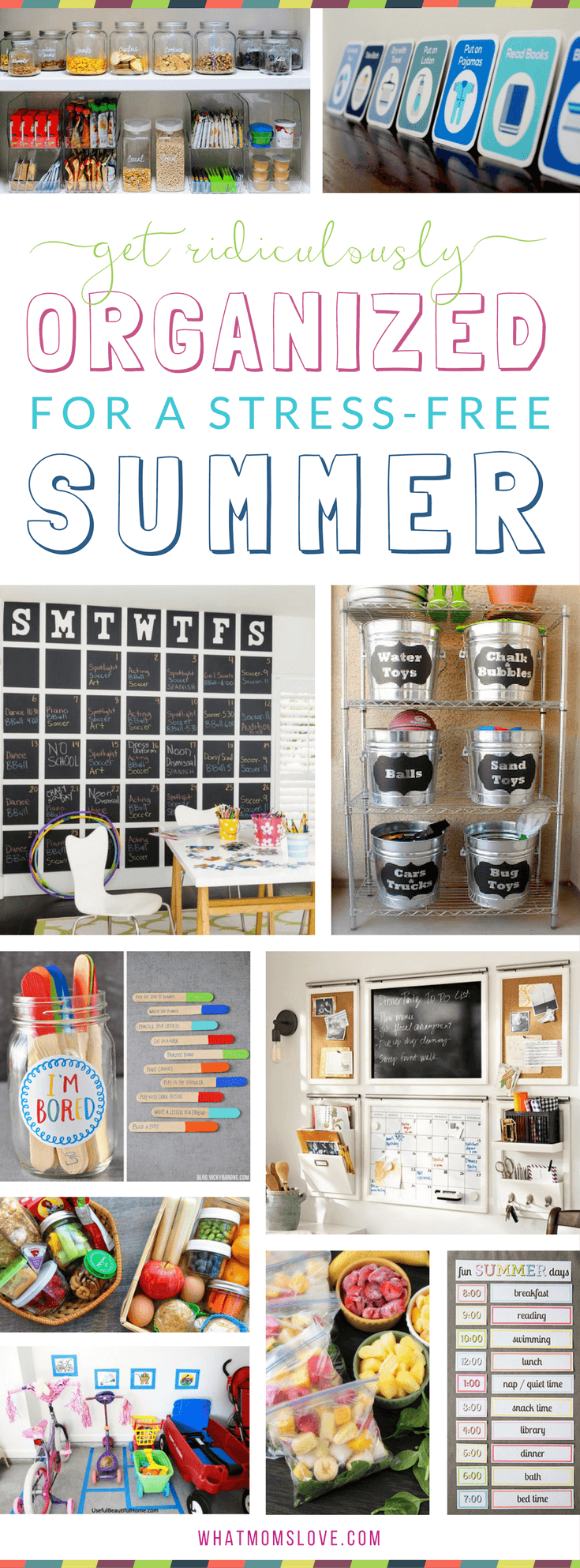 Organizational hacks, tips and tricks for a stress-free summer with your kids | How to organize your family's life for summer with smart ideas including summer schedule, morning and nighttime routine and chore charts, calendar planning, fun things to do when kids get bored (like an "I'm bored jar"!), DIY ways to organize your garage, snack prep tips and more!