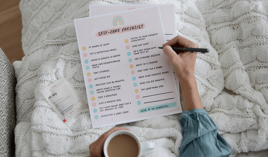 self-care checklist printable with hand, coffee and vitamins