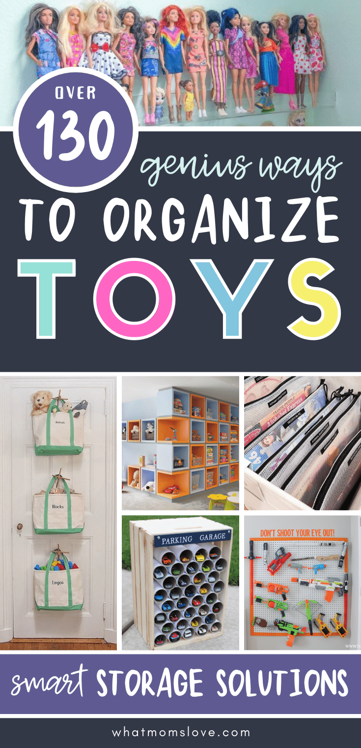 Best toy storage ideas and organizational hacks for kids' toys. Organize your playroom, living room or small space with these genius solutions to toy clutter.
