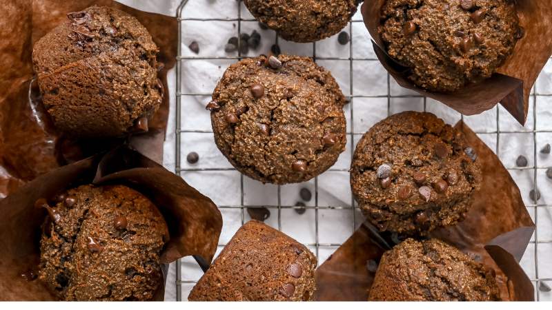 overhead shot of healthy chocolate muffins on a baking rack