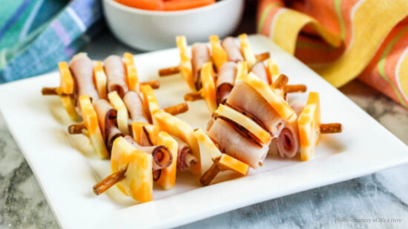 rolled ham and cheese on pretzel skewers